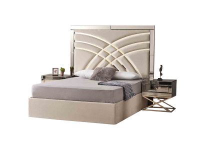 Beige Schlafzimmer Möbel Textilbett Luxuriöse Holz 2x Nachttische 3tlg